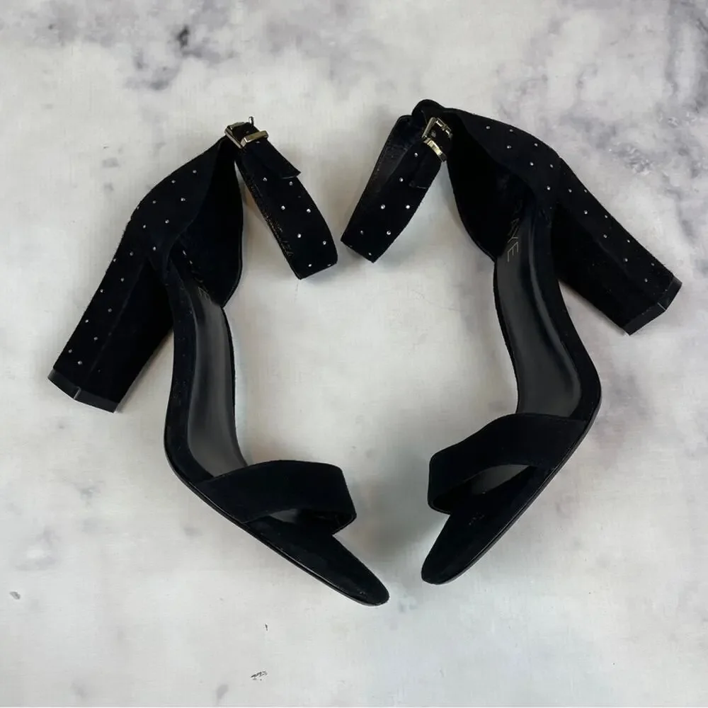 Anthropologie x RAYE Genesis Crystal Dot Suede Sandals Black Block Heel Sz 8